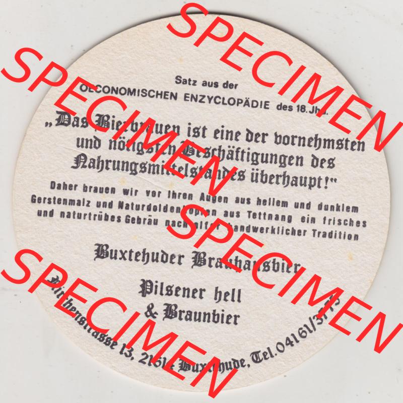 Bierdeckel Buxtehuder Brauhaus, Brauhaustradition seit 1592, Das Bierbrauen ist eine der vornehmsten und nötigsten Beschäftigungen des Nahrungsmittelstandes überhauput!... Sammlung