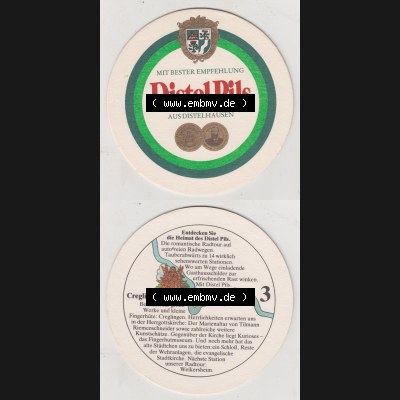 Bierdeckel Distel-PIls aus Distelhausen, Heimat des Distel Pils, 3. Karte mit Creglingen (3). Deutscher Katalog über die deutschen Bierdeckel Distelhäuser... Sammlung