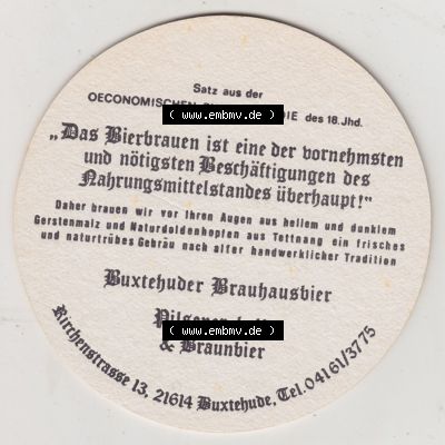 Bierdeckel Buxtehuder Brauhaus, Brauhaustradition seit 1592, Das Bierbrauen ist eine der vornehmsten und nötigsten Beschäftigungen des Nahrungsmittelstandes überhauput!... Sammlung