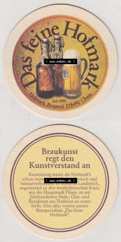Bierdeckel Das feine Hofmark - Hofmark-Brauerei D8490 Cham (3). Deutscher Katalog über deutsche Bierdeckel Hofmark Brauerei KG... Sammlung