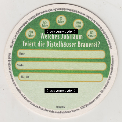 Bierdeckel 125 Jahre Distelhäuser, Wir geben einen aus, Distelhäuser verlost 125 Geburtstagparties a DM 500,- (2). Deutscher... Sammlung