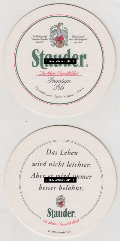 Bierdeckel Stauder Premium Pils, Das Leben wird nicht leichter. Aber es wird immer besser belohnt (3). Deutscher Katalog über... Sammlung