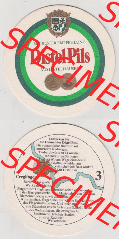 Bierdeckel Distel-PIls aus Distelhausen, Heimat des Distel Pils, 3. Karte mit Creglingen (3). Deutscher Katalog über die deutschen Bierdeckel Distelhäuser... Sammlung