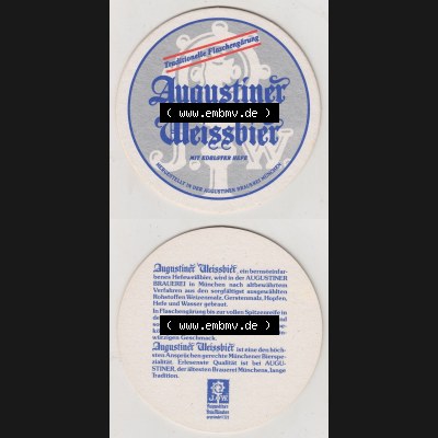 Bierdeckel Augustiner-Bräu München, Augustiner-Weissbier mit Edelster Hefe Hestgestellt in der Augustiner Brauerei (3). Deutscher Katalog über deutsche Bierdeckel... Sammlung