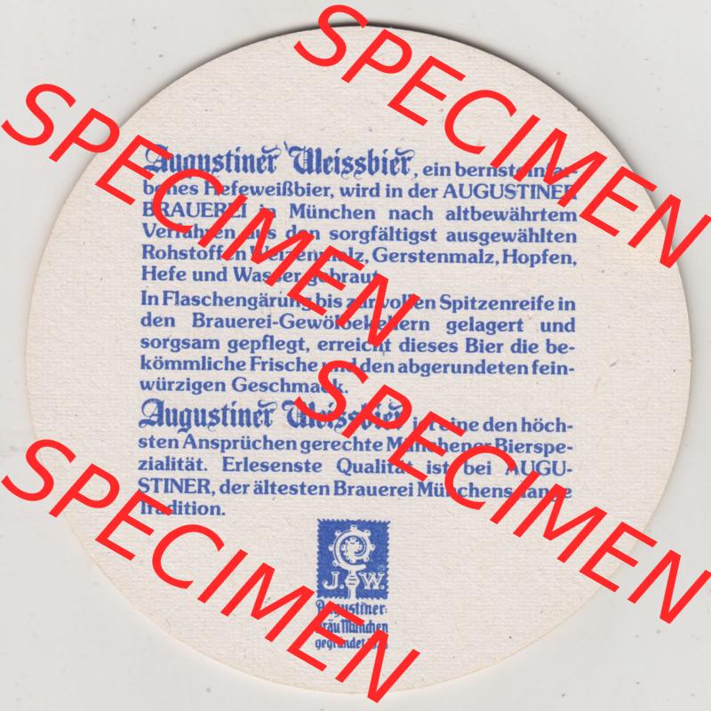 Bierdeckel Augustiner-Bräu München, Augustiner-Weissbier mit Edelster Hefe Hestgestellt in der Augustiner Brauerei (2). Deutscher Katalog über deutsche Bierdeckel... Sammlung