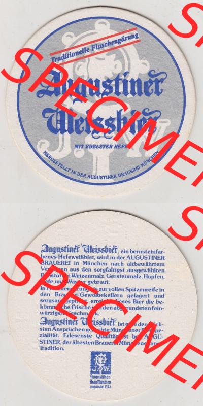Bierdeckel Augustiner-Bräu München, Augustiner-Weissbier mit Edelster Hefe Hestgestellt in der Augustiner Brauerei (3). Deutscher Katalog über deutsche Bierdeckel... Sammlung