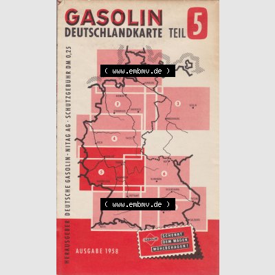 Autokarte 1958, Gasolin Deutschlandkarte Teil 5, Deutschland-Karte 5 von 8 Umgebung Koblenz, Frankfurt, Mannheim, Saarbrücken BRD, 1958 Gasolin Deutschlandkarte... Sammlung