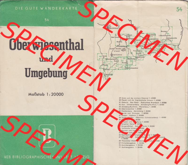 Wanderkarte DDR, Bezirk Karl-Marx-Stadt, Untertitel Die Gut Wanderkarte 54, Oberwiesenthal und Umgebung im Maßstab 1:20000 vom Verlag VEB Bibliographisches Institut Leipzig... Sammlung