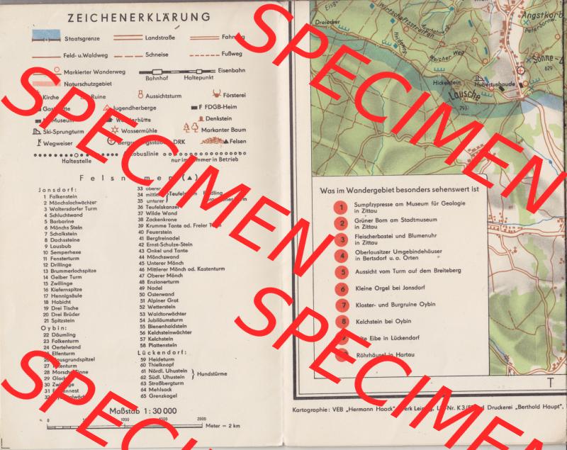 DDR Bezirk Dresden, Zittauer Gebirge 1957, Die gute Wanderkarte Karte 65, Zittauer Gebirge Zeichenerklärung - Was im Wandergebiet sehenswert ist. Digitalisierte Wanderkarte... Sammlung