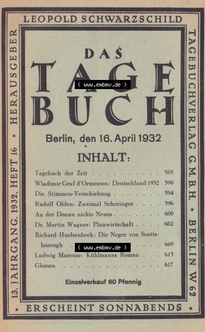 Schwarzschild - Das Tagebuch 1932, Tagebuch der Zeit, Deutschland 1932 Sammlung