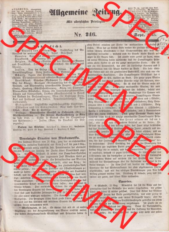 Deutscher Bund und „Heilige Allianz“, Allgemeine Zeitung 1845, Zeitschrift Nr. 246 vom Mittwoch den 3. September 1845, Seite 1961, Cover... Sammlung