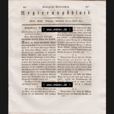 1806-1817, Rheinische Bundesstaaten, Rheinbund Königlich-Baierisches Regierungsblatt 1812, 26. Ausgabe - XXVI. Stück, München, Mittwoch,... Sammlung