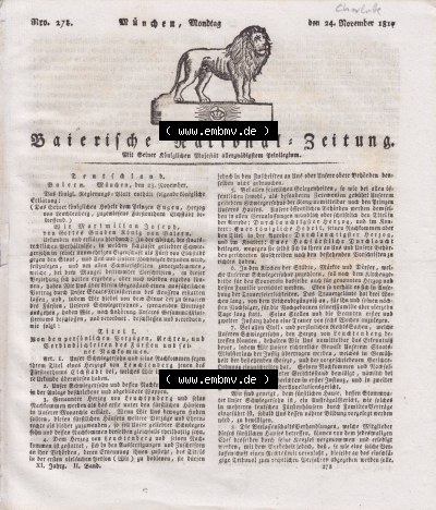Baierische National-Zeitung 1817, Montag den 24. November 1817, Cover - Titelblatt Sammlung