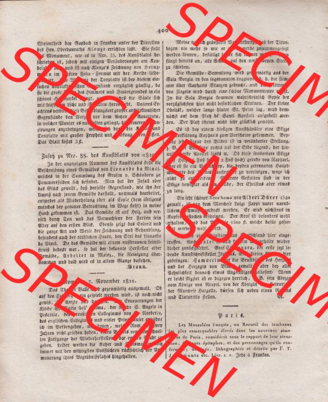 1807-1865, Morgenblatt für gebildete Stände 1821, Nro. 298, 13. Dezember 1821, Kunst Blatt Nro. 100. Seite 400 Sammlung