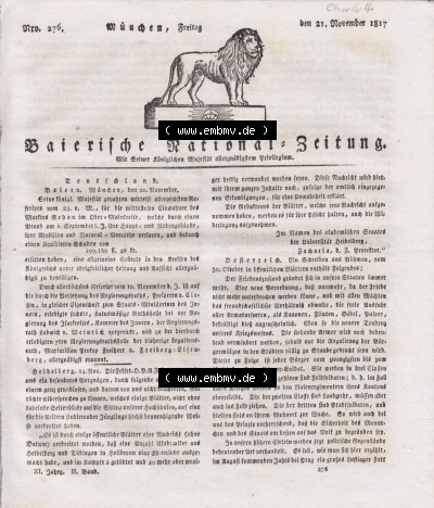 Baierische National-Zeitung 1817, Artikel über Charlotte Augusta von Wales, Cover - Titelblatt Sammlung