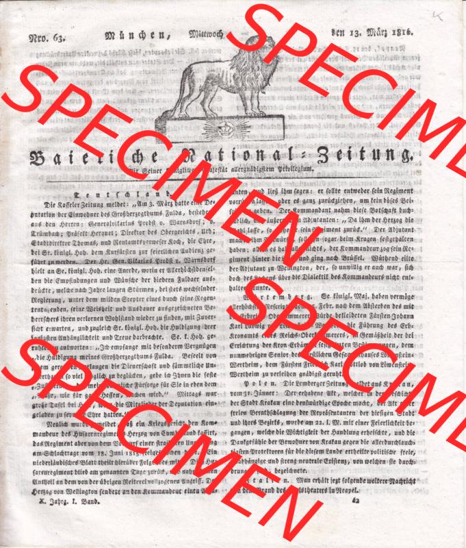 1807-1833, Bayern München: Baierische National-Zeitung 1816, Nro. 63, München, Mittwoch den 13. März 1816, Seite 253 (Cover / Titelblatt) Sammlung