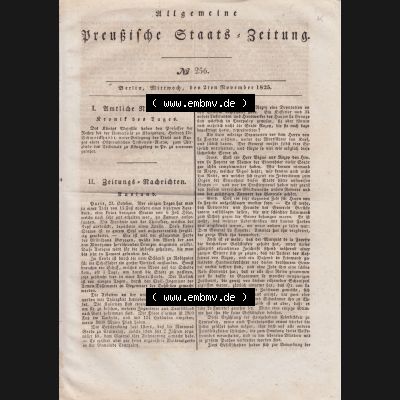1819-1871, Allgemeine Preußische Staats-Zeitung 1825, Nr. 256, Berlin den 2. November 1825, Seite 1021 mit Cover / Titelblatt Sammlung