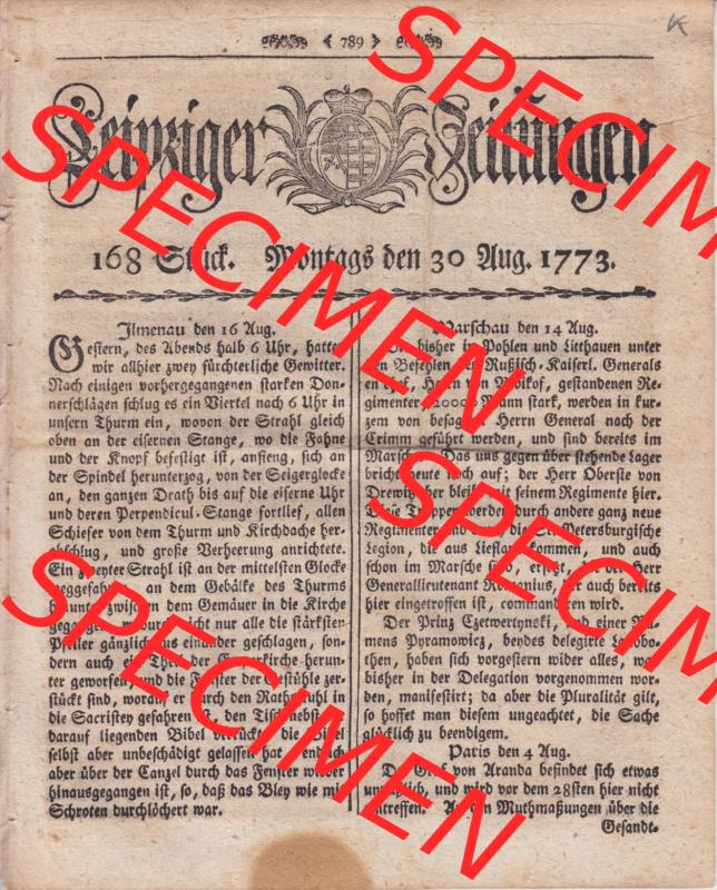 1701-1800, Heiliges Römisches Reich Deutscher Nation, Leipziger Zeitungen 1773, 168 Stück. Montags den 30. Aug. 1773, Seite 789, Cover /... Sammlung