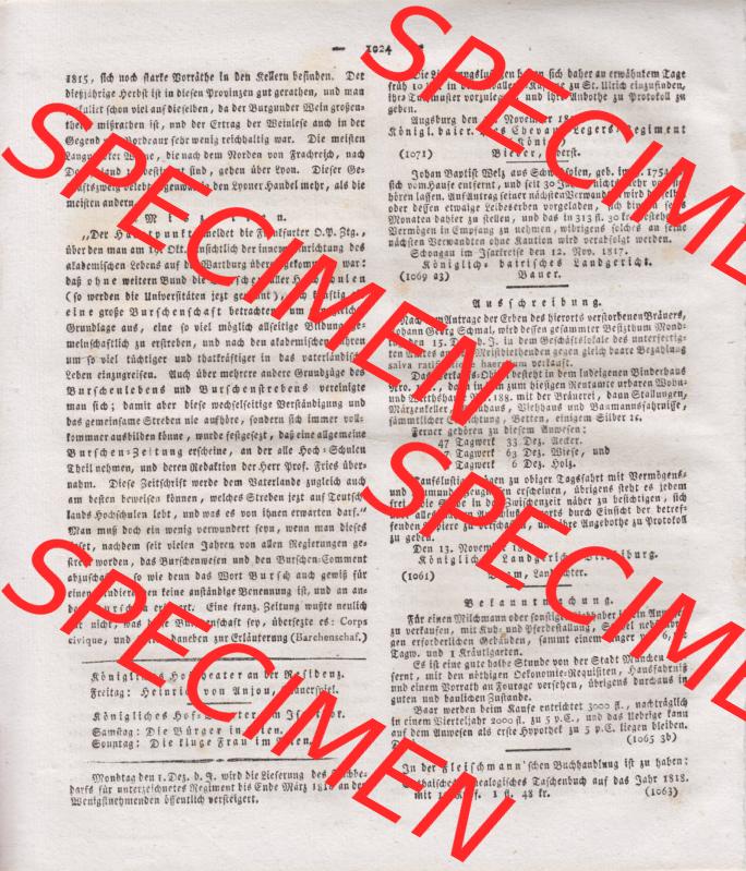 1807-1833, Bayern München: Baierische National-Zeitung 1817, Nr. 276, Artikel über Charlotte Augusta von Wales von München, Freitag den 21. November... Sammlung