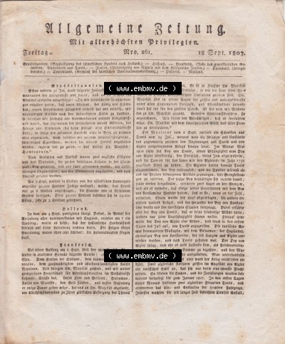 Allgemeine Zeitung 1807, Cover - Titelblatt Sammlung