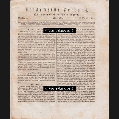 1807-1882, Allgemeine Zeitung 1807, Nr. 261, Freitag den 18 September 1807, Seite 1041, Cover - Titelblatt Sammlung