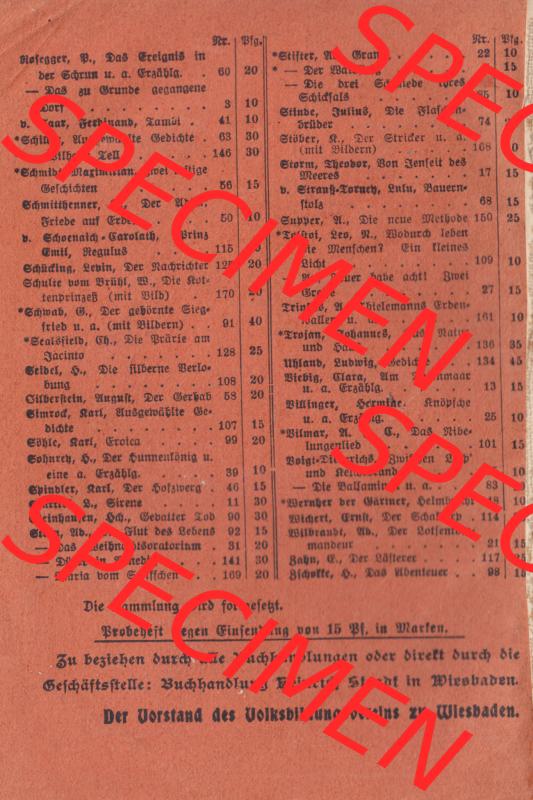 Deutsches Kaiserreich Wiesbadener Volksbücher 1914, Buch Nr. 12, Cover und Inhaltsverzeichnis (2) Sammlung