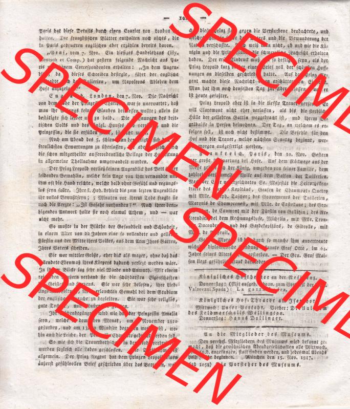 1807-1833, Bayern München: Baierische National-Zeitung 1817, Nr. 274, von München, Mittwoch den 19. November 1817, Charlotte Augusta von Wales... Sammlung