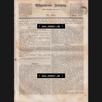 Deutscher Bund und „Heilige Allianz“, Allgemeine Zeitung 1845, Zeitschrift 252, vom 9. September 1845, Cover / Titelblatt, Übersicht:... Sammlung