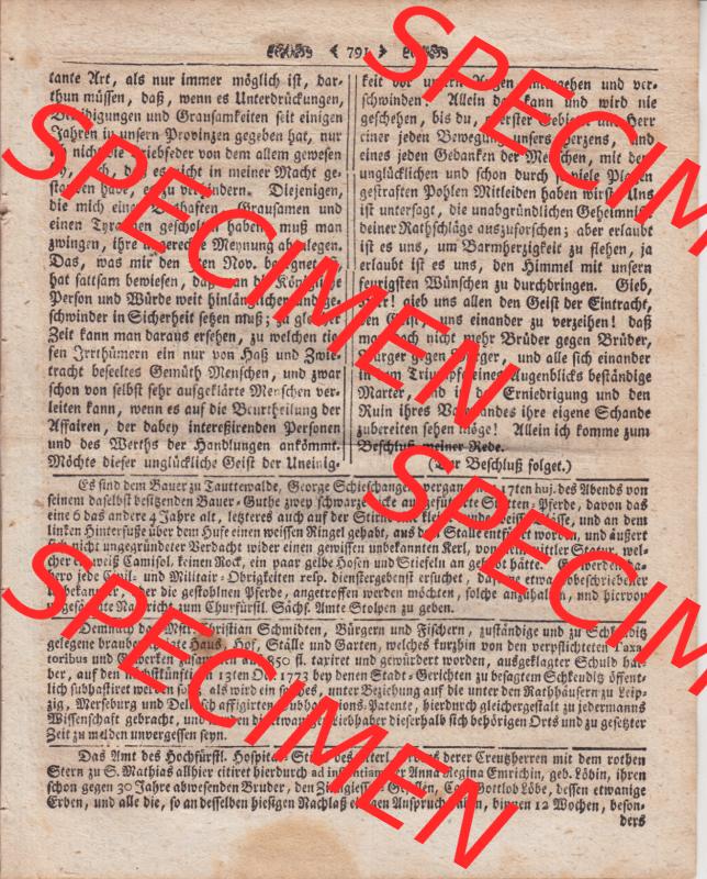 1701-1800, Heiliges Römisches Reich Deutscher Nation, Leipziger Zeitungen 1773, 168 Stück. Montags den 30. Aug. 1773, Seite 791 Sammlung