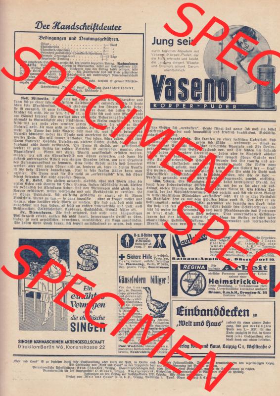 Weimarer Republik Zeitschrift Welt und Haus 1932, 32. Jahrgang, 5. November 1932, Heft Nr. 6, Cover II. - Rückseite der Zeitung Sammlung