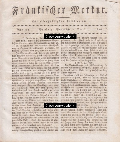Zeitung Fränkischer Merkur 1816 Sammlung