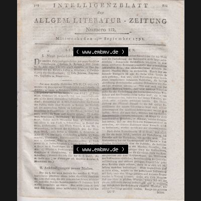 1701-1800, Heiliges Römisches Reich Deutscher Nation, Allgemeine Literatur-Zeitung 1791, Numero 112. vom 15 September 1791, Seite 915, 916 Sammlung