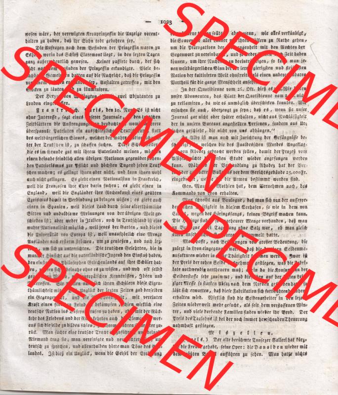 1807-1833, Bayern München: Baierische National-Zeitung 1817, Nr. 275, von München, Donnerstag den 20. November 1817, Seite 1023 (1) Sammlung