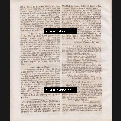 1809-1834, Bayern Bamberger: Zeitung Fränkischer Merkur 1816, Nro. 112, Bamberg, Sonntag, 21. April 1816, Seite 4. Sammlung