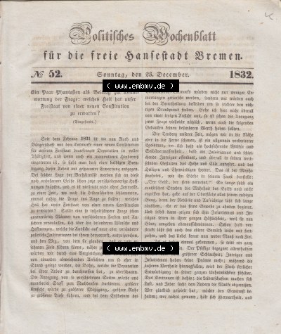 Politisches Wochenblatt für die freie Hansestadt Bremen 1832, Cover / Titelblatt Sammlung