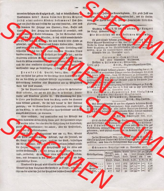 1807-1833, Bayern München: Baierische National-Zeitung 1817, Nr. 278, von München, Montag den 24. November 1817, Seite 1032 (1) Sammlung