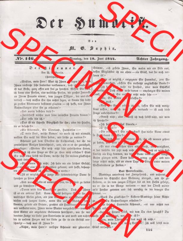 1837-1926, Österreich Wien, Der Humorist 1844, Nr. 146, Dienstag, den 18. Juni 1844, 8. Jahrgang Seite 581, Cover - Titelblatt Sammlung