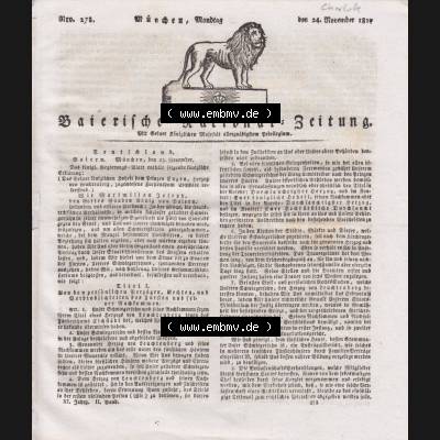 1807-1833, Bayern München: Baierische National-Zeitung 1817, Nr. 278, von München, Montag den 24. November 1817, Seite 1029, Cover - Titelblatt... Sammlung
