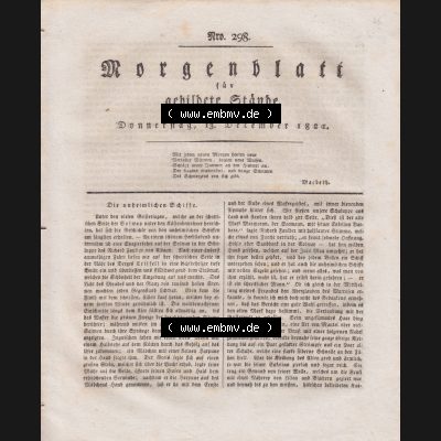 1807-1865, Morgenblatt für gebildete Stände 1821, Nro. 298, 13. Dezember 1821, Seite 1189, Cover - Titelblatt Sammlung