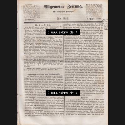 Deutscher Bund und „Heilige Allianz“, Allgemeine Zeitung 1845, Zeitschrift Nr. 246 vom Mittwoch den 3. September 1845, Seite 1961, Cover... Sammlung