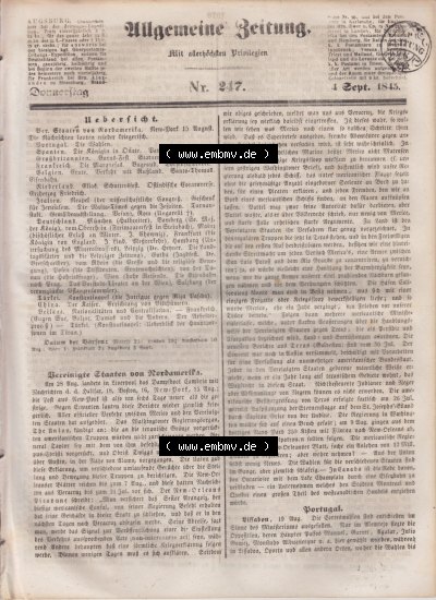 Allgemeine Zeitung 1845, Cover / Titelblatt, Vereinigte Staaten von Nordamerika Sammlung
