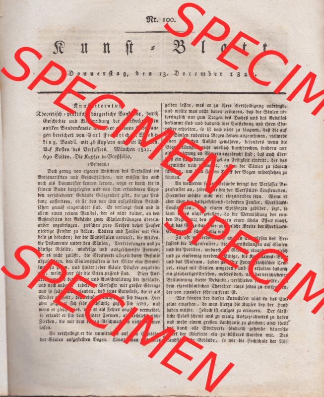 1807-1865, Morgenblatt für gebildete Stände 1821, Nro. 298, 13. Dezember 1821, Kunst Blatt Nro. 100. Seite 397, Cover / Titelblatt Sammlung