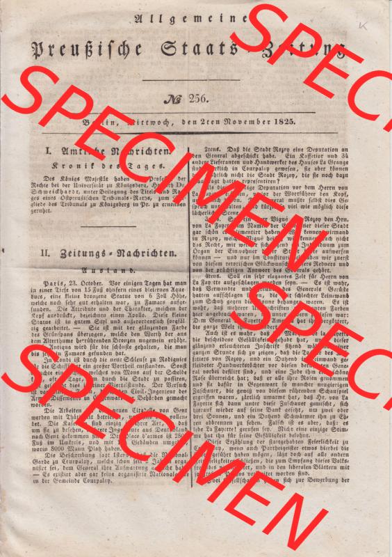 1819-1871, Allgemeine Preußische Staats-Zeitung 1825, Nr. 256, Berlin den 2. November 1825, Seite 1021 mit Cover / Titelblatt Sammlung