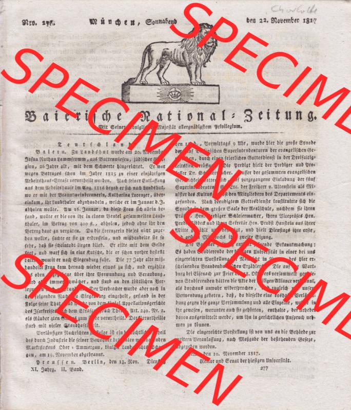 1807-1833, Bayern München: Baierische National-Zeitung 1817, Nr. 277, von München, Sonnabend den 22. November 1817, Seite 1025, Cover -... Sammlung