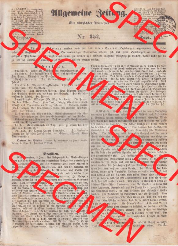 Deutscher Bund und „Heilige Allianz“, Allgemeine Zeitung 1845, Zeitschrift 252, vom 9. September 1845, Cover / Titelblatt, Übersicht:... Sammlung