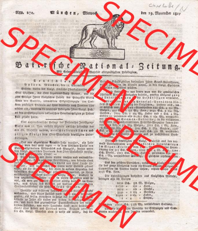 1807-1833, Bayern München: Baierische National-Zeitung 1817, Nr. 274, von München, Mittwoch den 19. November 1817, Charlotte Augusta von Wales... Sammlung