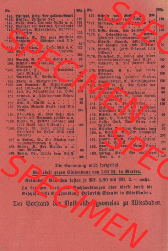 Weimarer Republik Wiesbadener Volksbücher 1920, Heft / Buch Nr. 17, Cover und Inhaltsverzeichnis (2) Sammlung