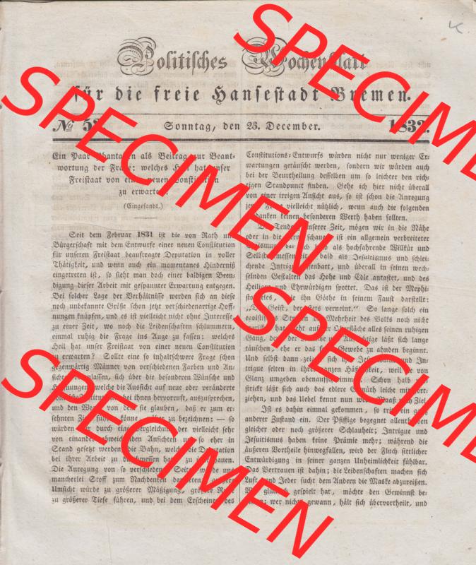1801-1900, Politisches Wochenblatt für die freie Hansestadt Bremen 1832, Nr. 52, Sonntag, den 23. Dezember 1832, Seite 283 mit Cover / Titelblatt Sammlung
