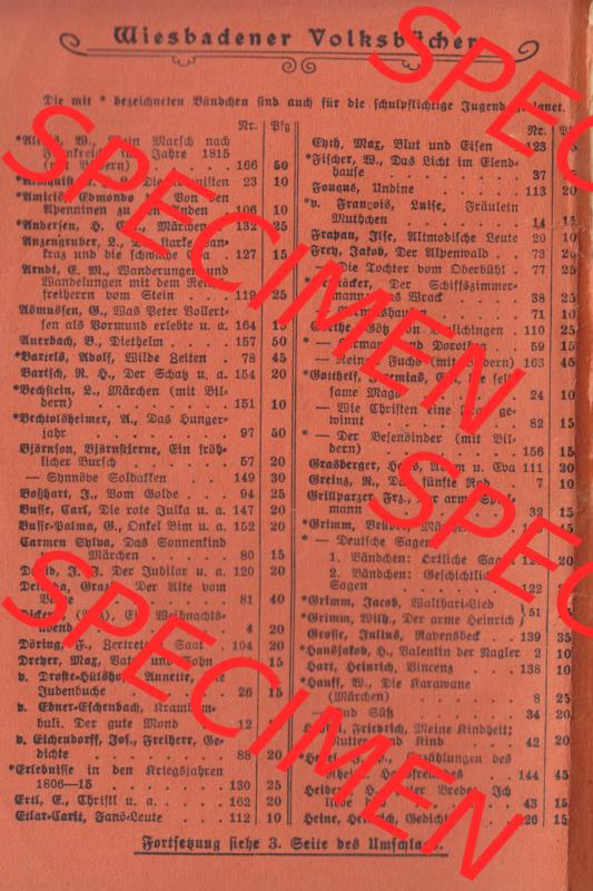 Deutsches Kaiserreich Wiesbadener Volksbücher 1914, Buch Nr. 12, Cover und Inhaltsverzeichnis (3) Sammlung
