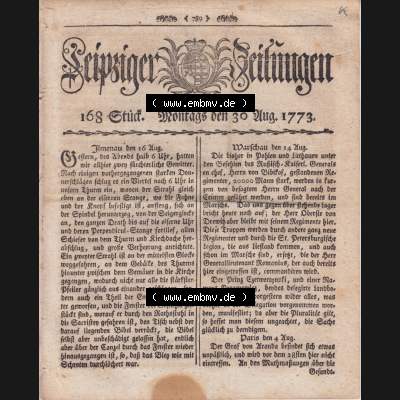 1701-1800, Heiliges Römisches Reich Deutscher Nation, Leipziger Zeitungen 1773, 168 Stück. Montags den 30. Aug. 1773, Seite 789, Cover /... Sammlung